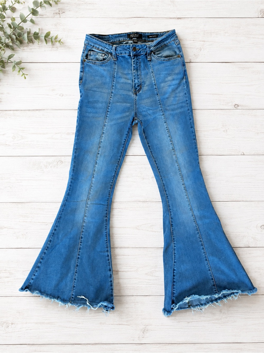 Judy Blue Super Flare Jeans 11/30 High Rise Raw Hem Front Seam Stretch Denim